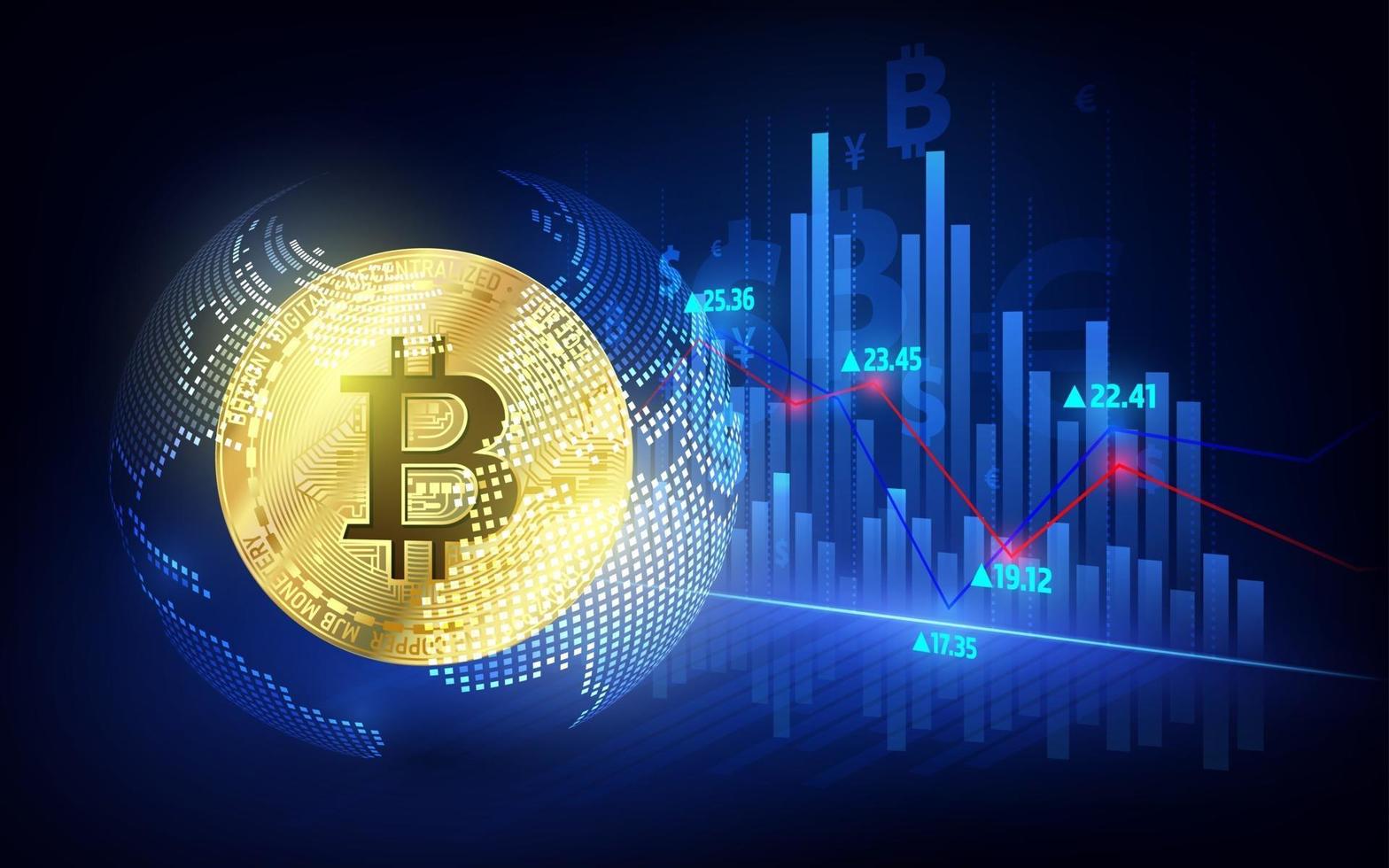 moneda bitcoin. moneda criptográfica con tabla de crecimiento. bolsa de valores internacional. banner de vector de marketing de red bitcoin.
