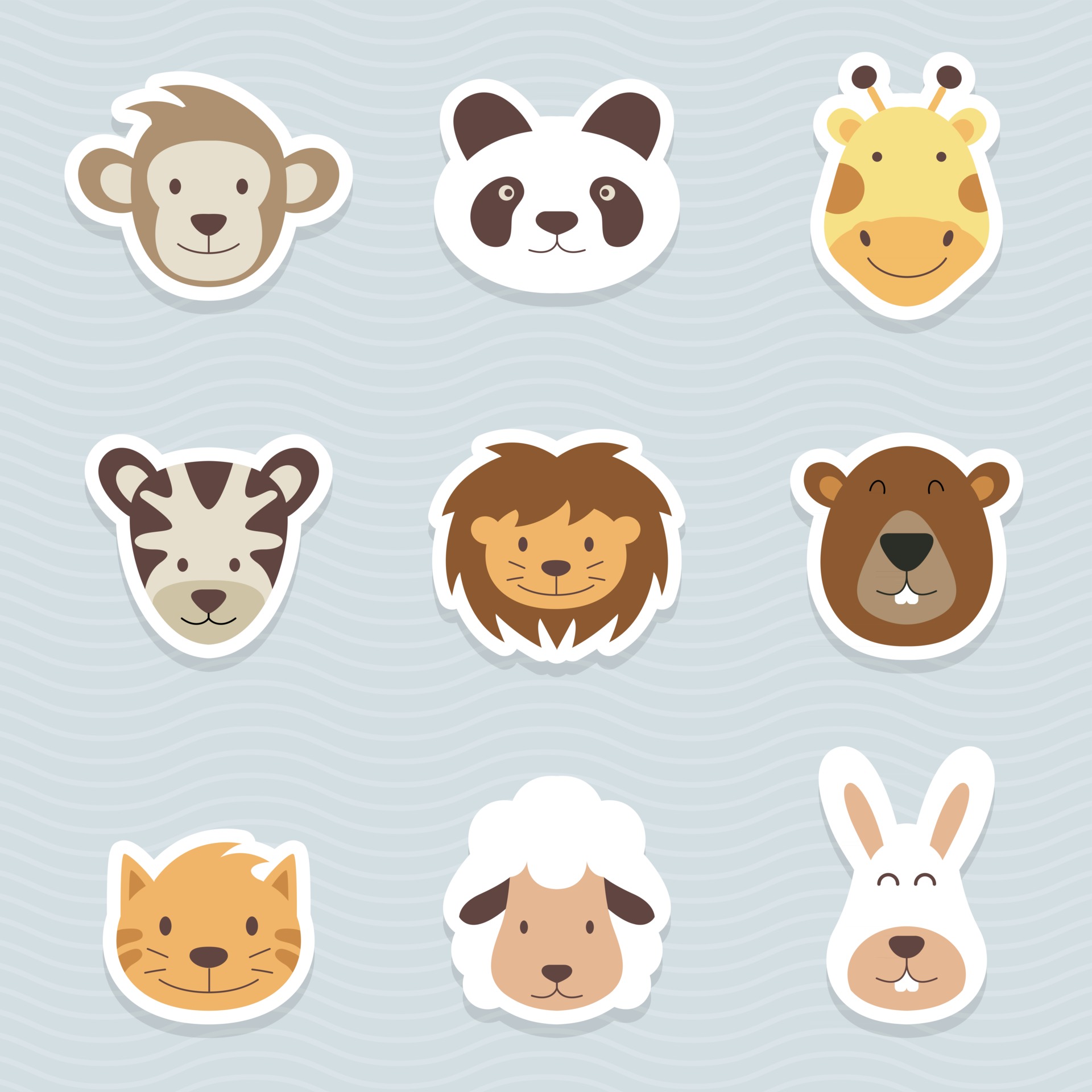 Premium Vector  Cute animal stickers, smiling adorable animals faces,  kawaii sheep and funny chicken cartoon set