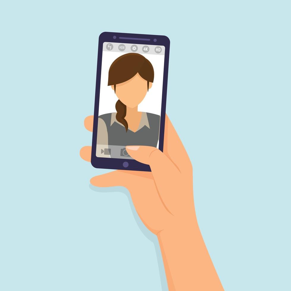 Manos sostienen smartphone tomando selfie y foto plantilla en blanco ilustración vectorial vector