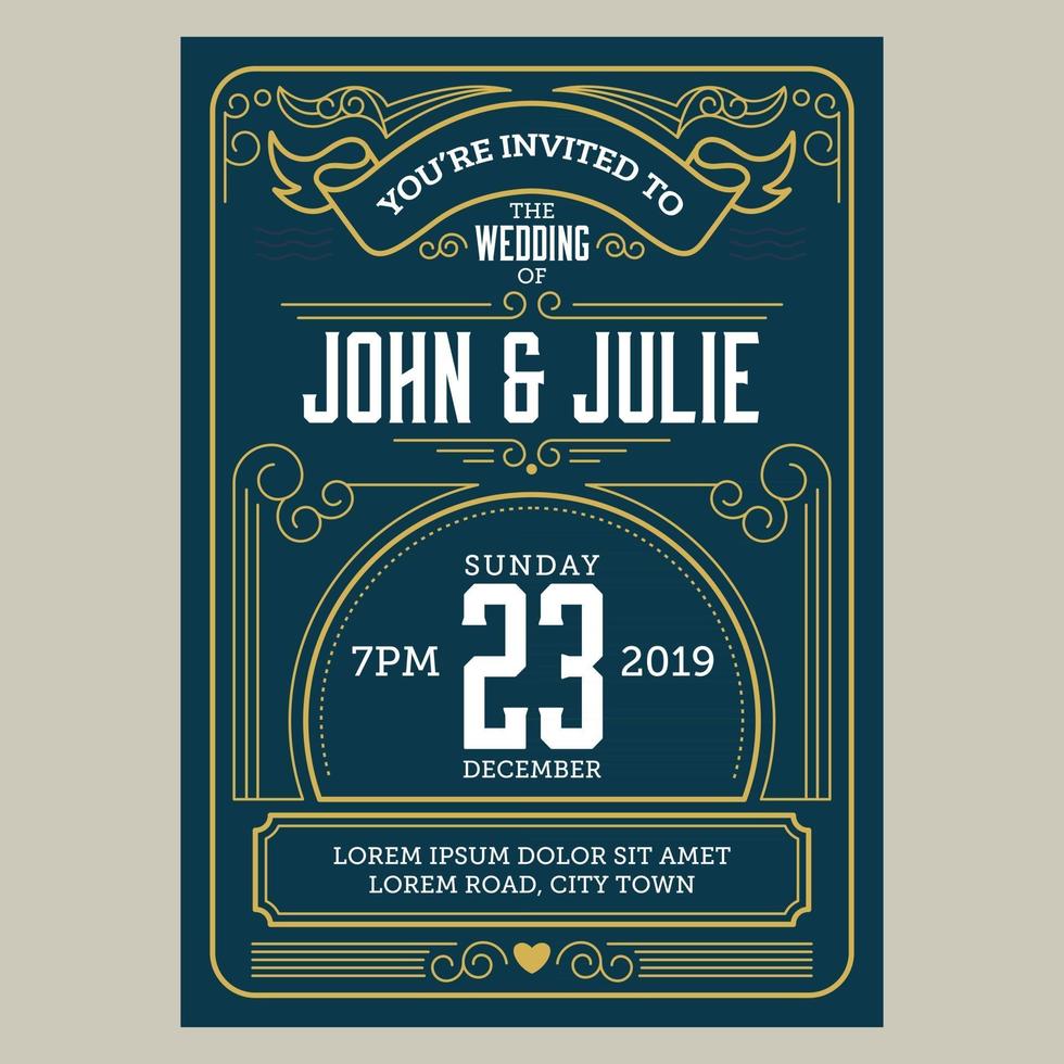 Wedding invitation card with vintage art deco style vector