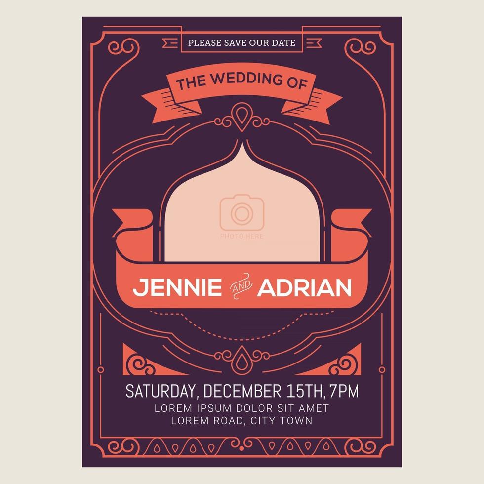 Wedding invitation card with vintage art deco style vector