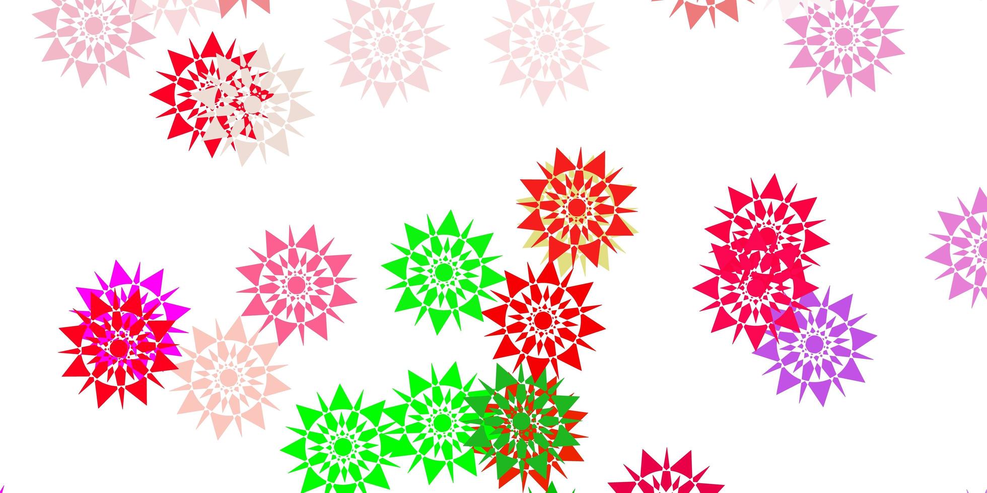Light pink, green vector pattern with colored snowflakes.