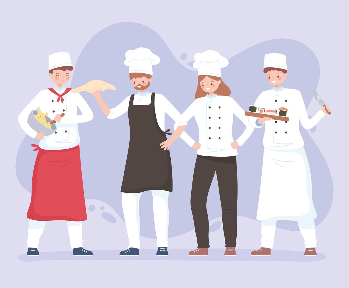 chefs personajes hombres y mujeres trabajadores con delantal y sombreros vector