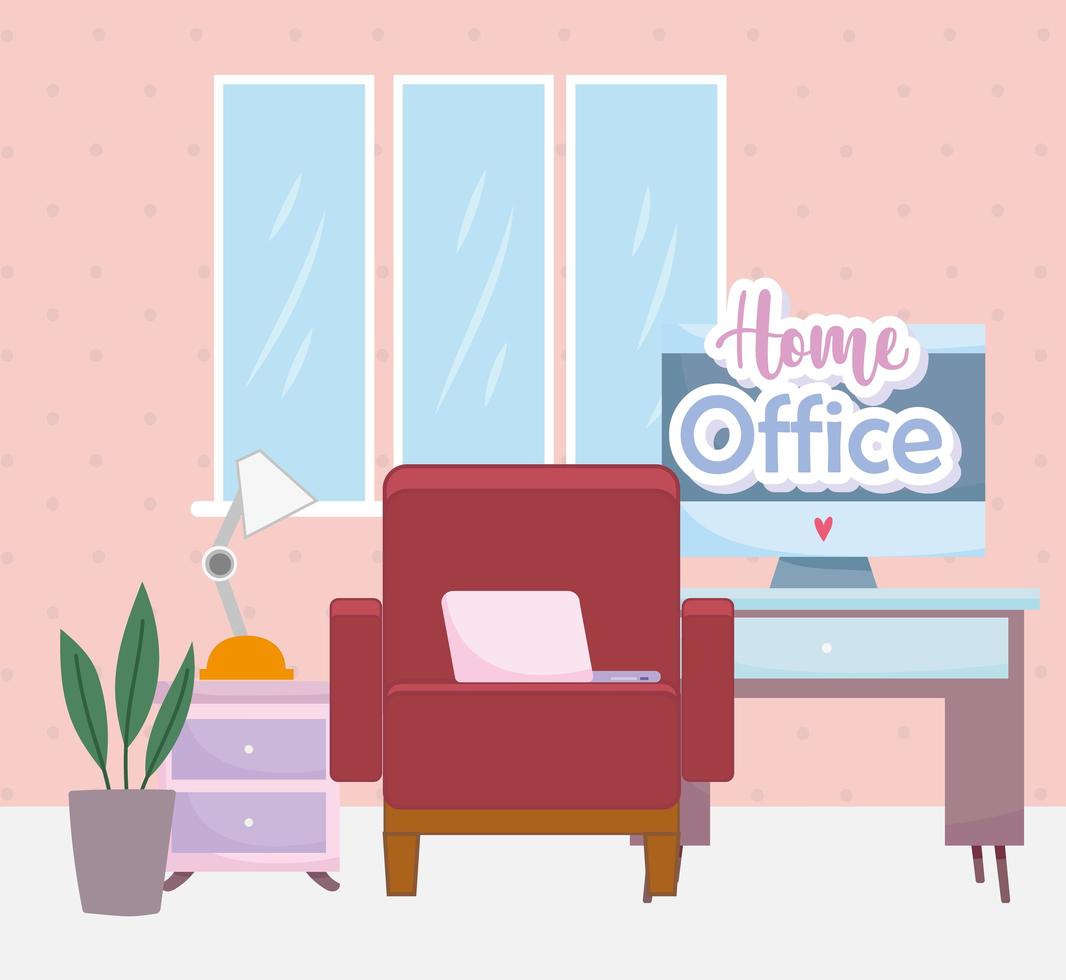 home office interior chair desk computer lamp and plant vector