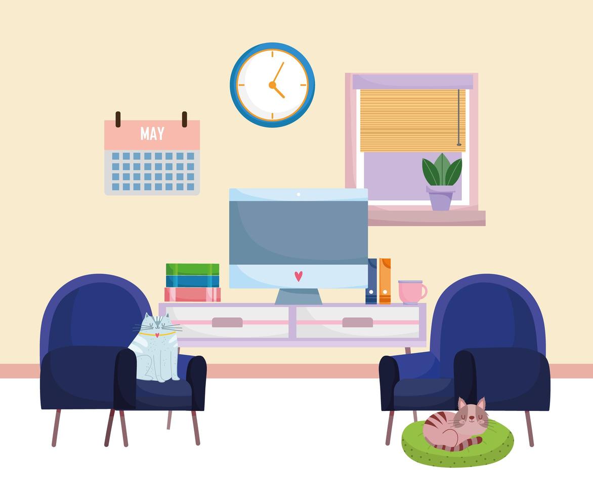 home office interior computer furniture books calendar clock chairs and cats resting on cushion vector