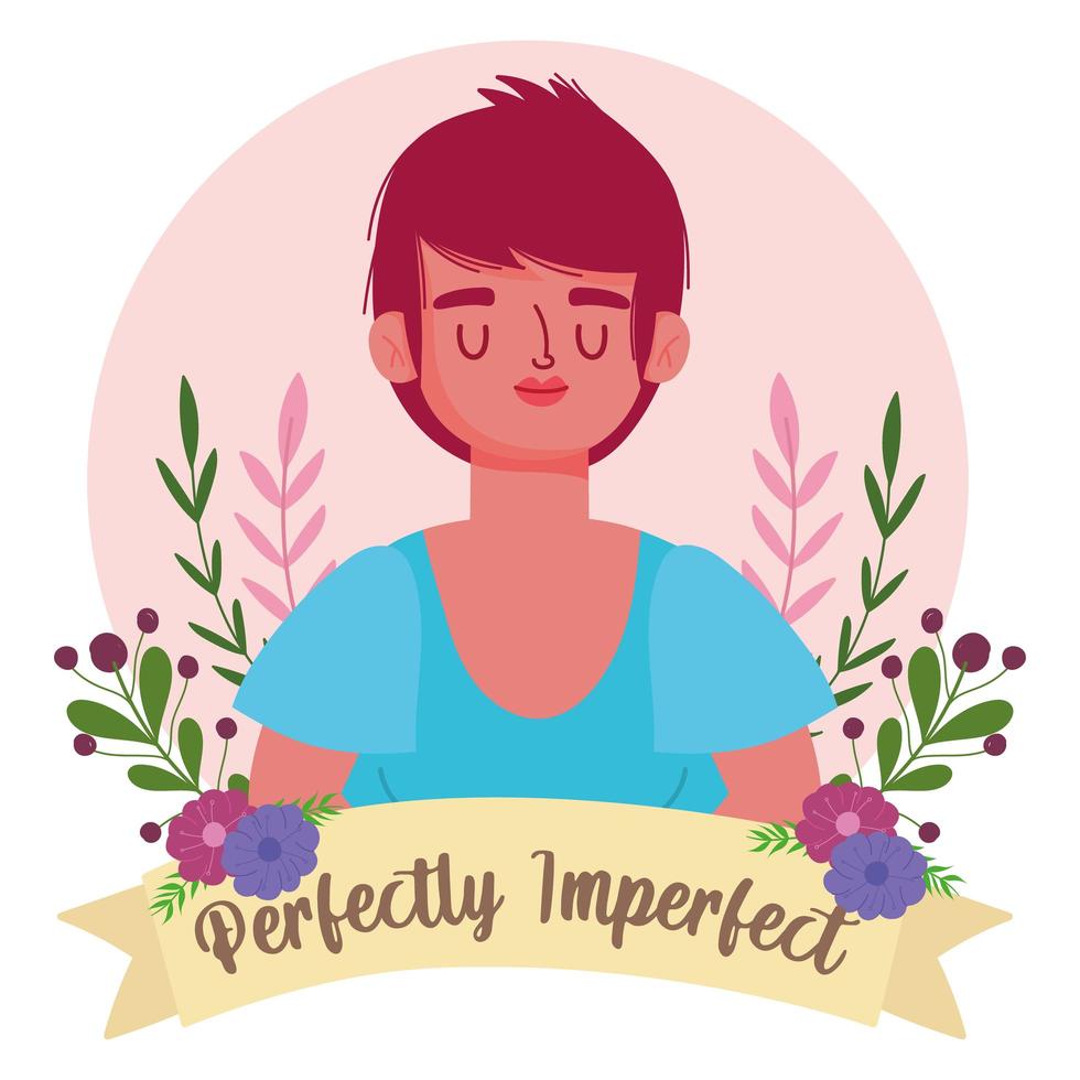 Perfectly imperfect woman short hair stylish, flowers cartoon character vector