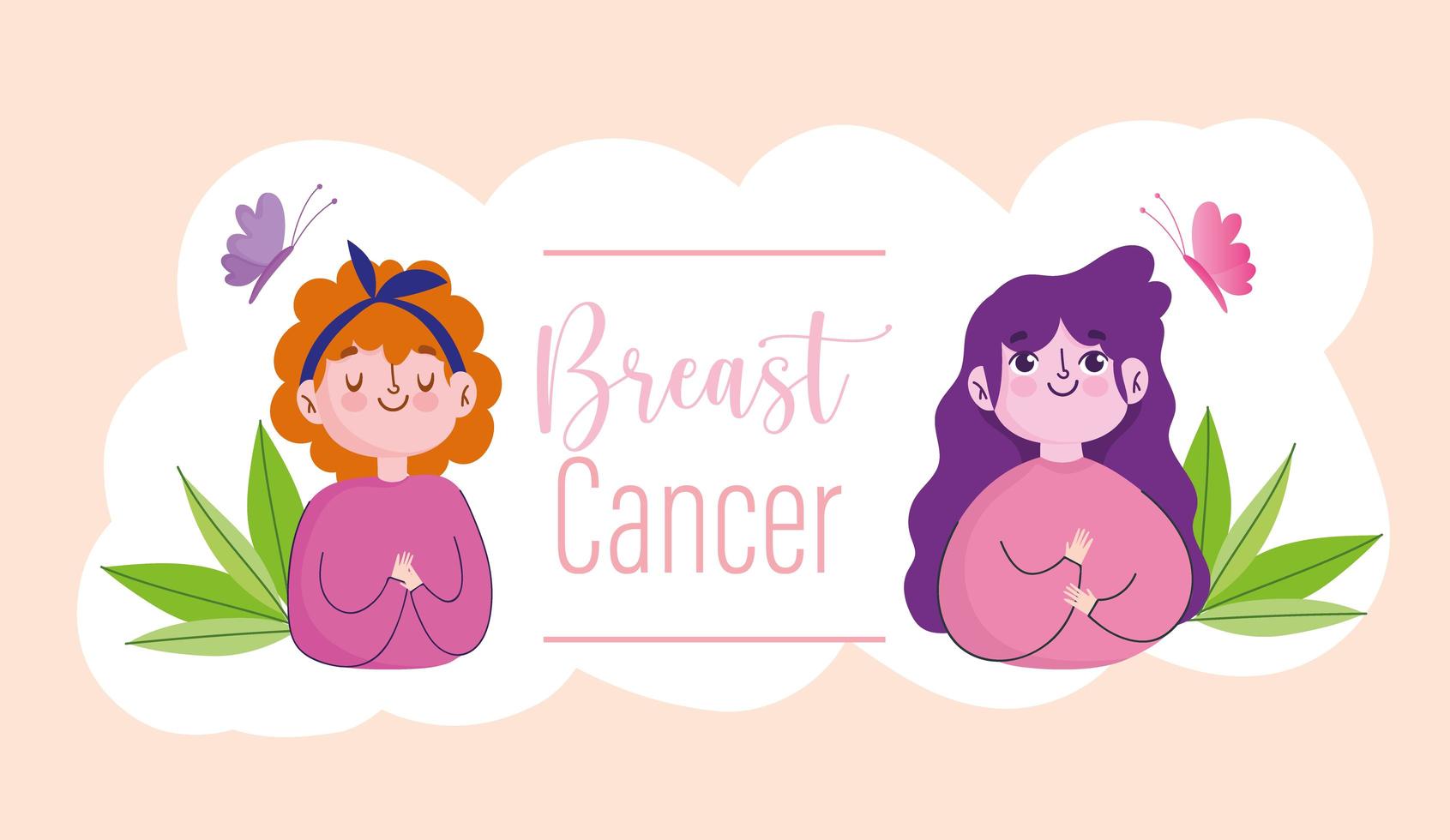 Breast cancer cartoon women butterflies and words banner vector