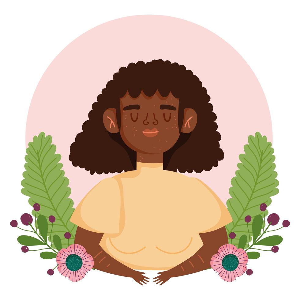 perfectamente imperfecta mujer afroamericana con pecas flores personaje de dibujos animados vector