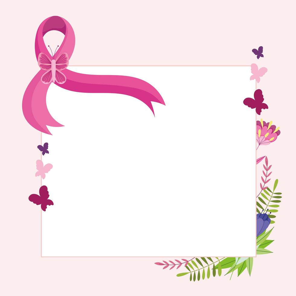 Breast cancer pink ribbon with butterfly flowers floral decoration label vector