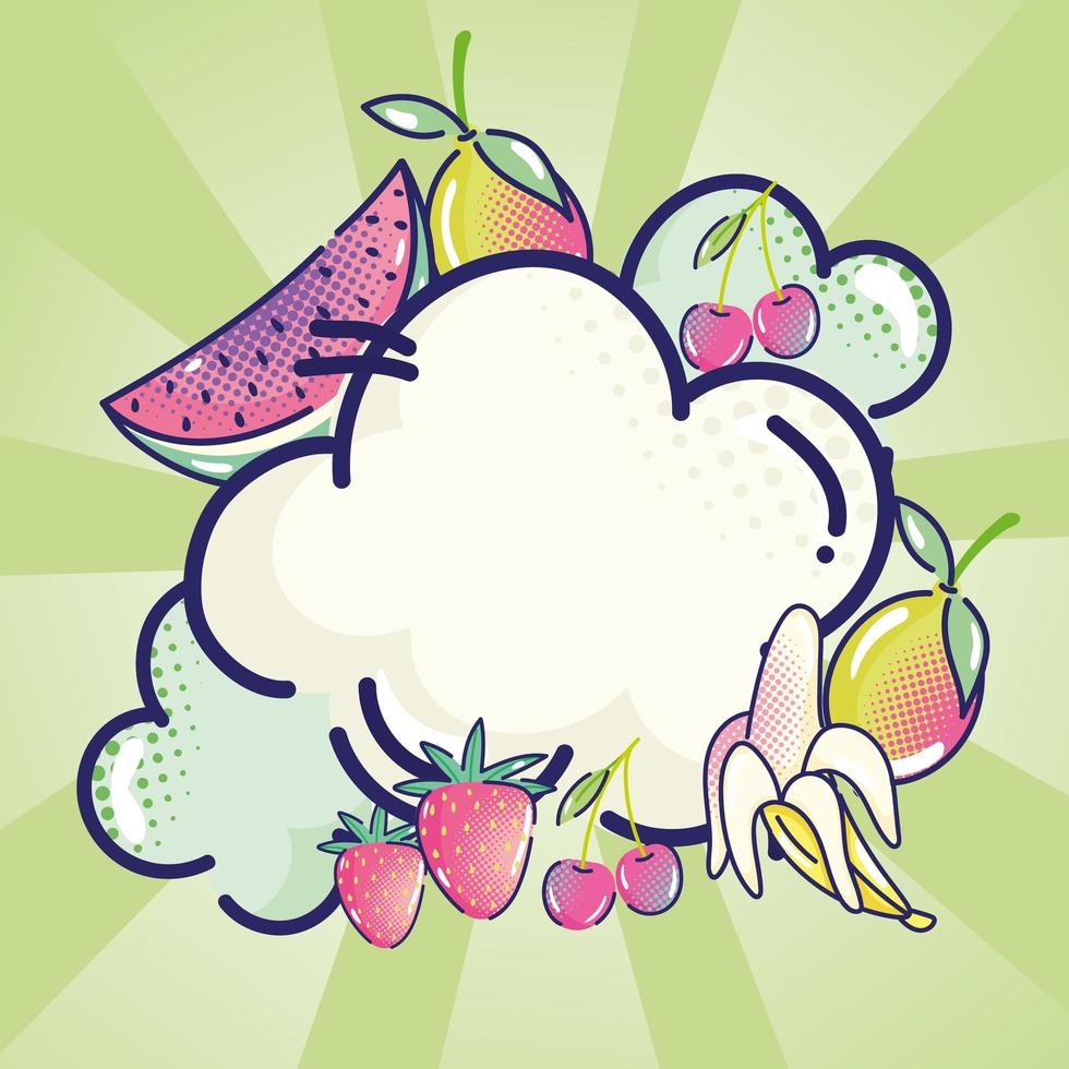 pop art comic nubes y frutas tropicales semitono verde sunburst vector