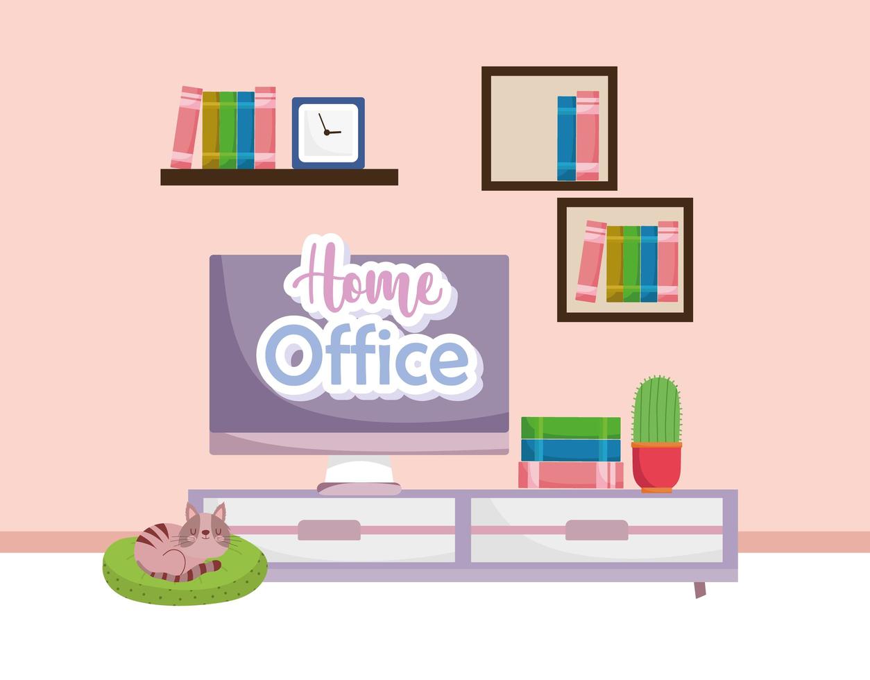 home office interior furniture with computer cactus shelves clock books and cat resting vector