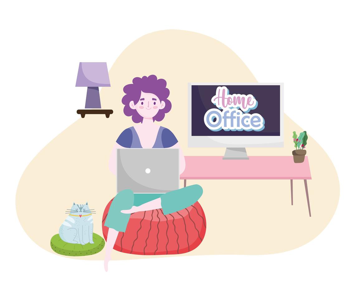 mujer joven trabaja en una computadora, oficina en casa en línea vector