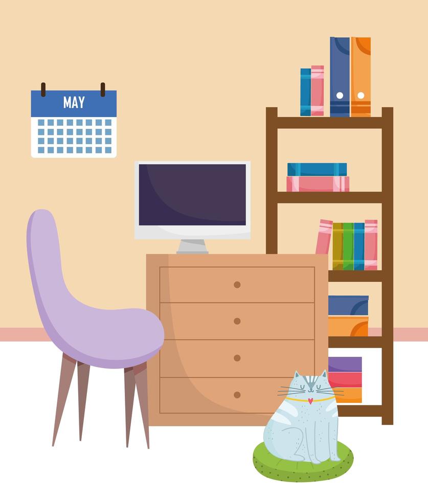 home office interior chair table computer calendar bookshelf and cat vector