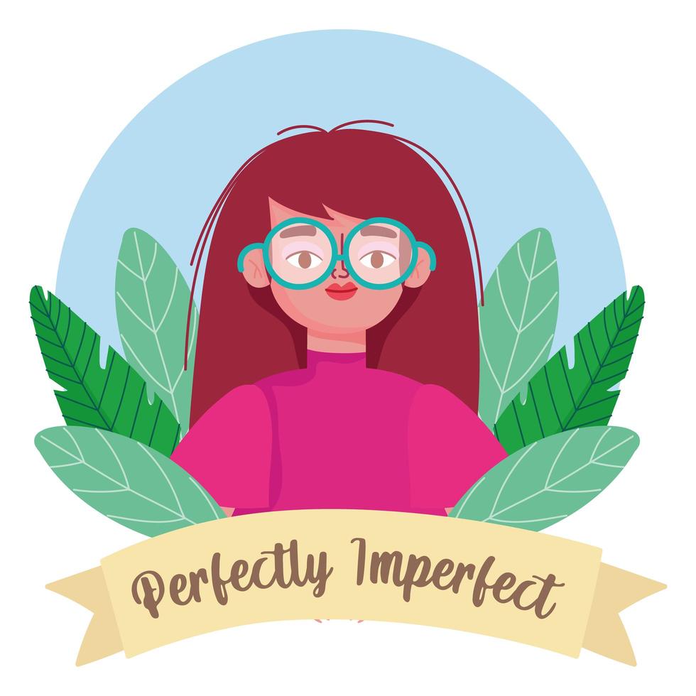 Perfectly imperfect woman with glasses, flowers cartoon character vector