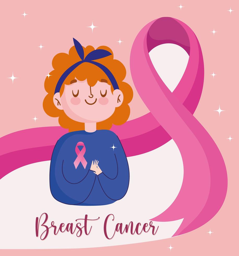 Breast cancer cute woman cartoon and big pink ribbon vector