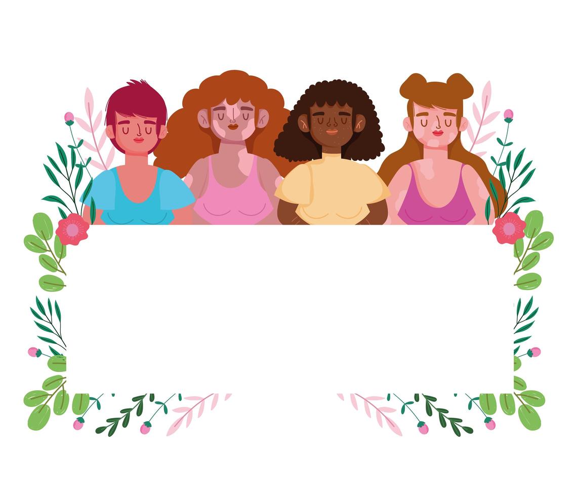 perfectamente imperfecto, grupo de mujeres diverso, pancarta en blanco y decoración floral vector