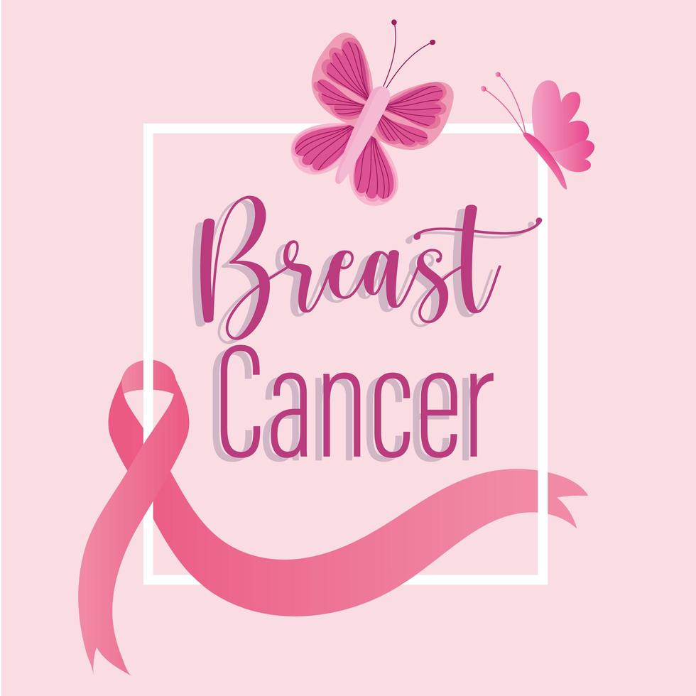 Breast cancer hand drawn lettering ribbon and pink butterflies vector