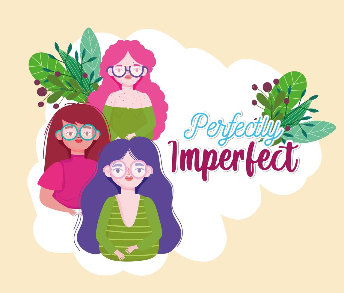 Perfectly imperfect diverse young women with glasses cartoon vector