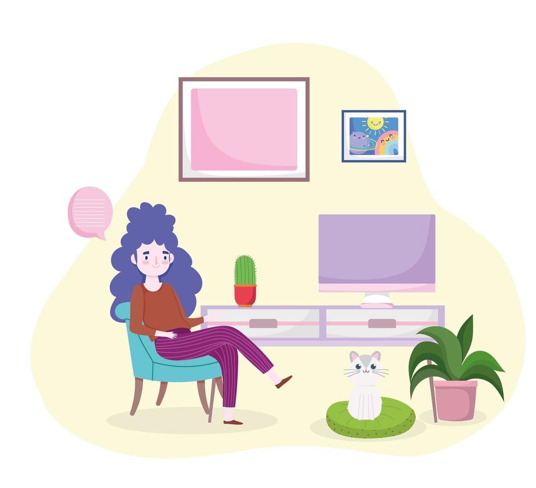 mujer sentada con mesa computadora oficina en casa vector