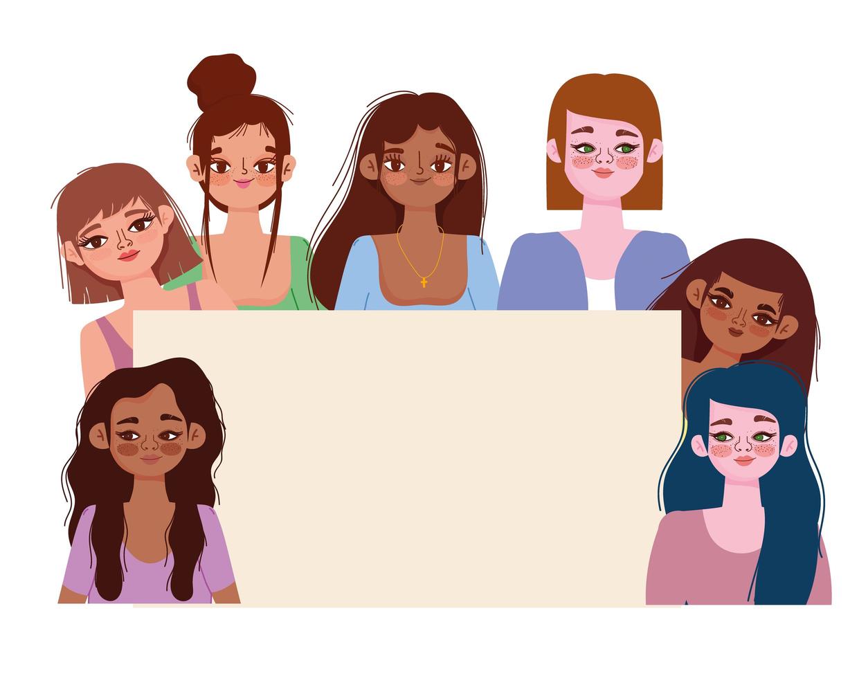 diversidad de mujeres diferentes chicas jóvenes junto con banner vector