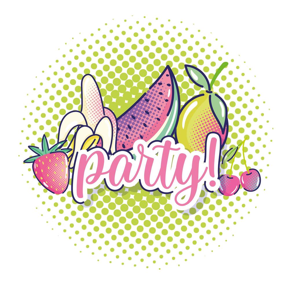 pop art tropical fruits watermelon strawberry mango cherry halftone vector