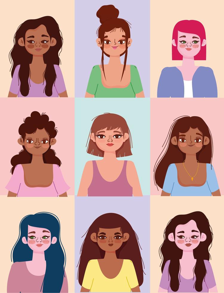 diversidad mujeres diferentes nacionalidades y culturas, diversos avatares vector