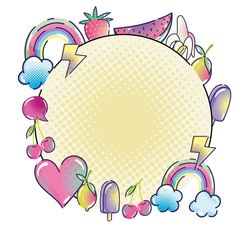 pop art rainbow fruit heart ice cream speech bubble label halftone vector