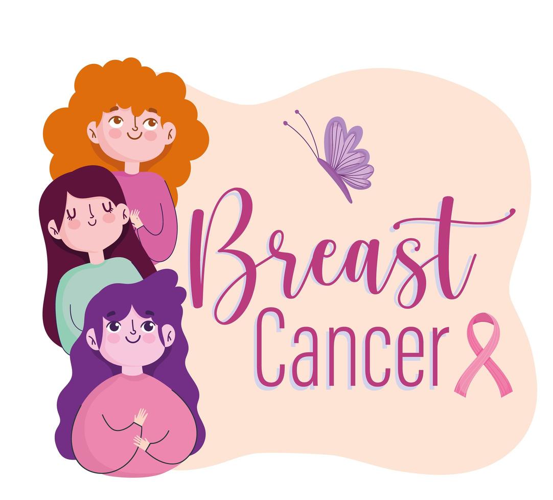Breast cancer group women cartoon text ribbon butterfly ...
