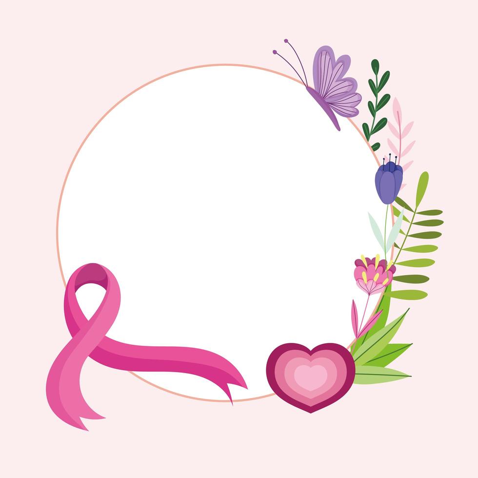 Breast cancer pink ribbon heart flowers butterfly decoration label vector