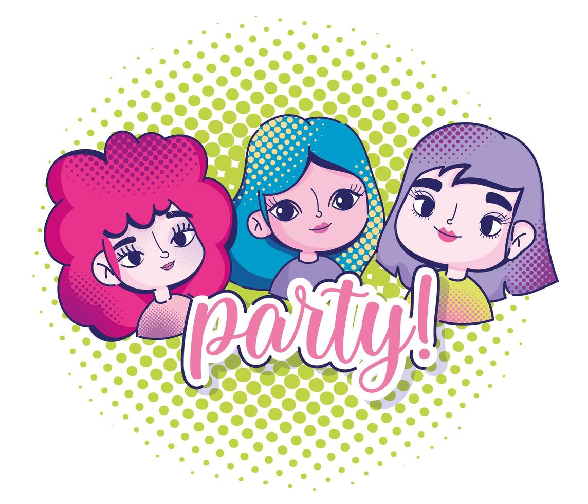 pop art cute girls cartoon party halftone color background vector