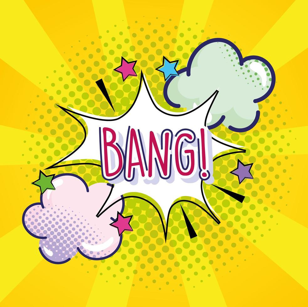 pop art bang text explosion clouds stars yellow halftone vector