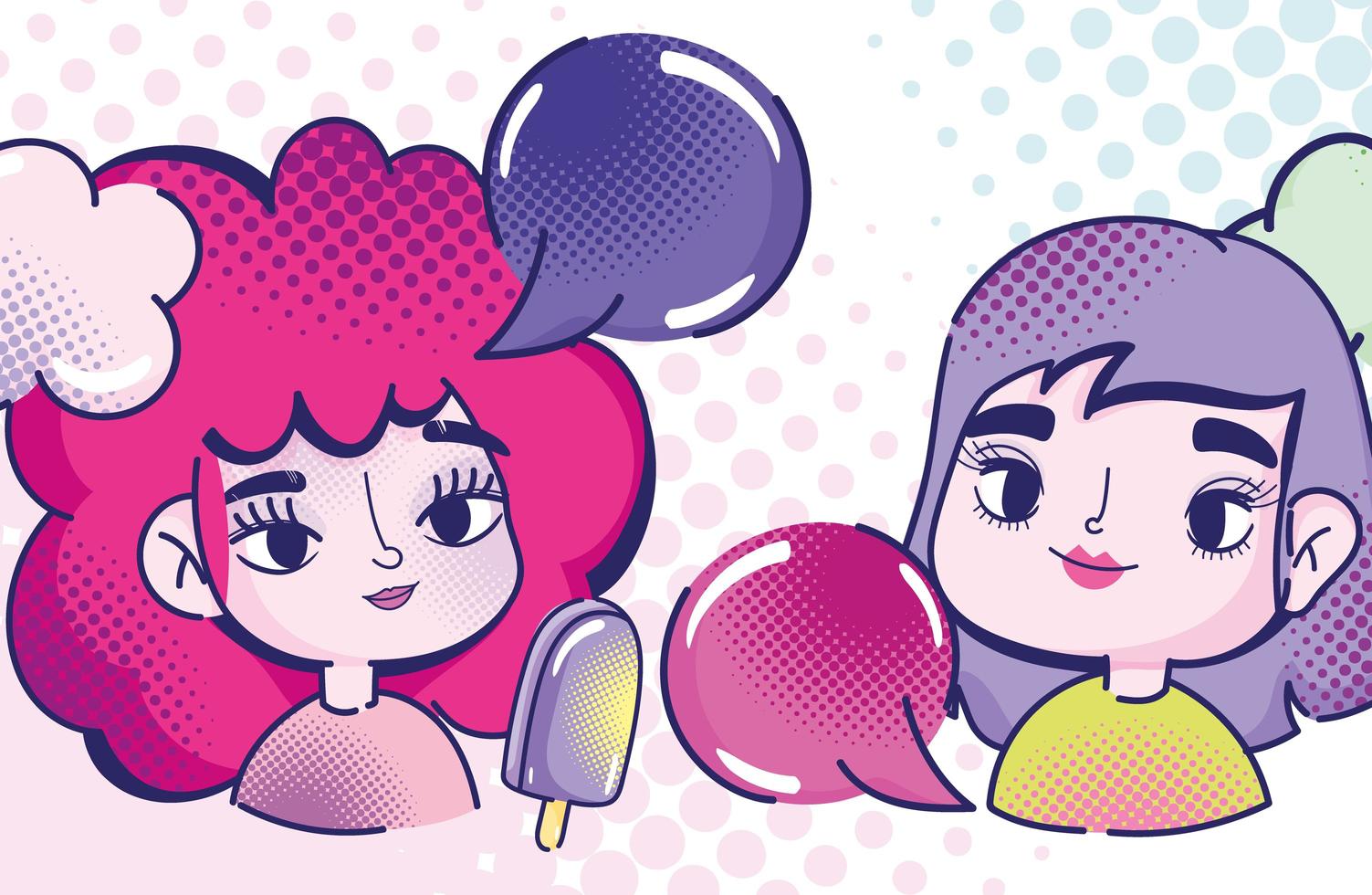pop art cute girls with ice cream in stick talking bubbles halftone vector