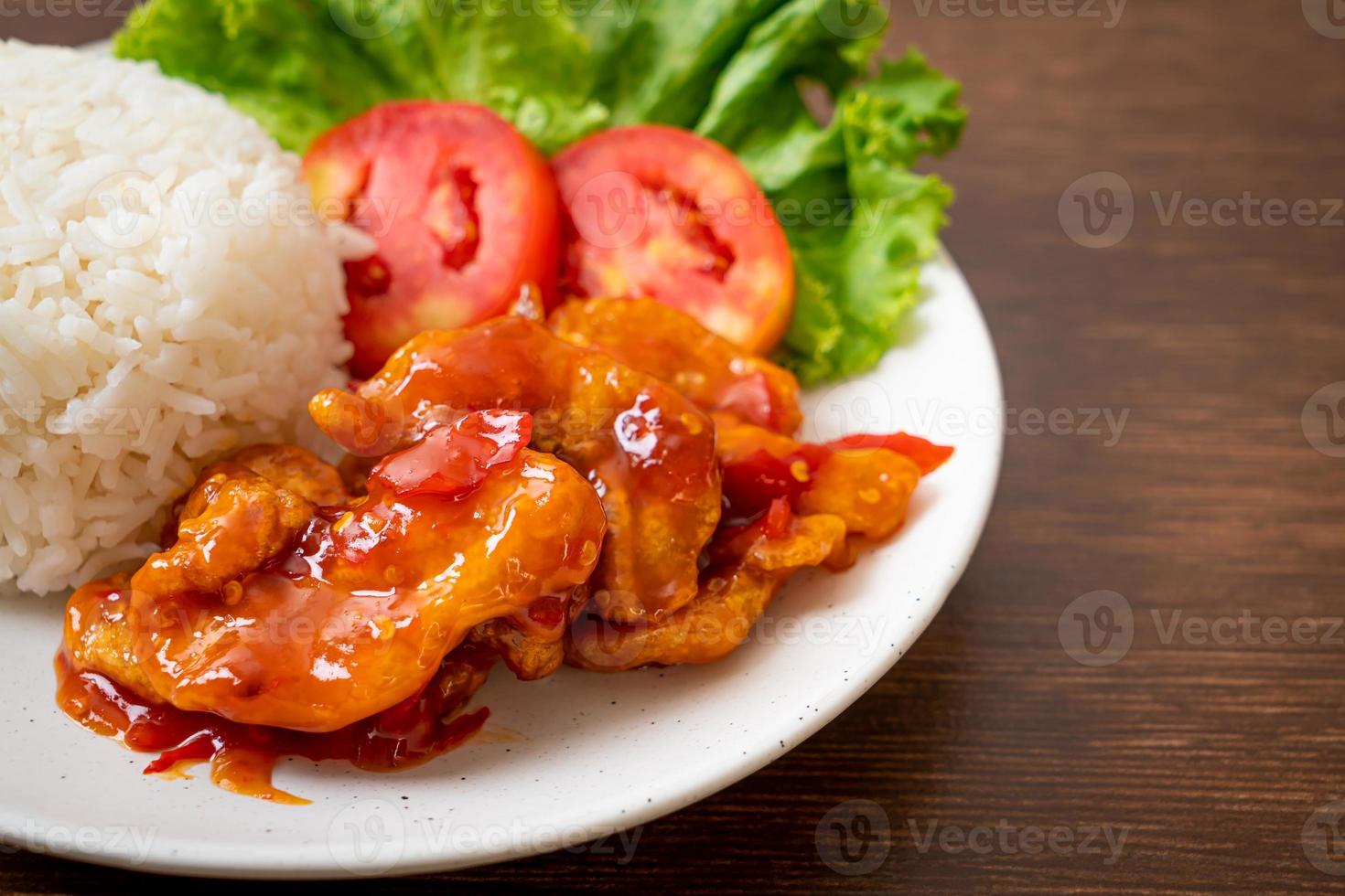 Fried fish topped by 3 flavors chili sauce with rice photo