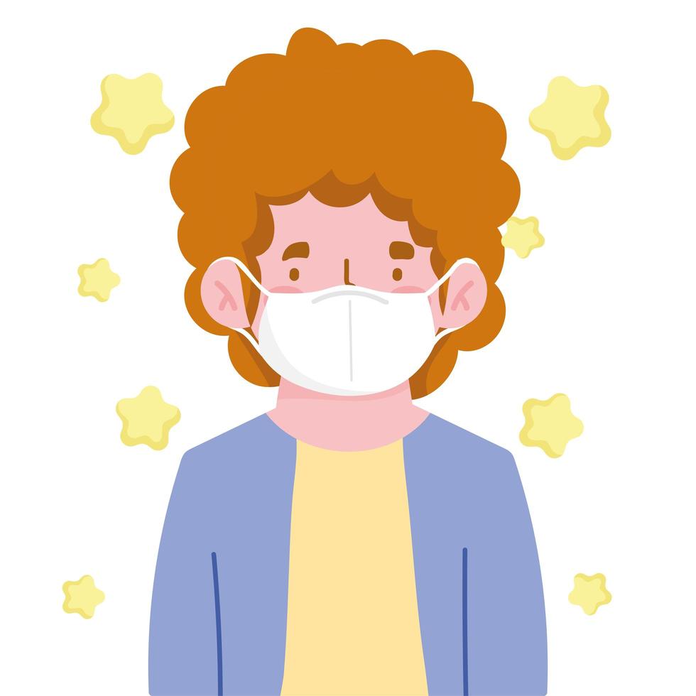 man with curly hair and medical mask new normal vector