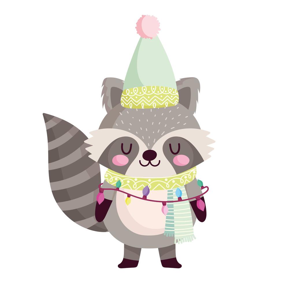 merry christmas, cute raccoon with hat scarf and lights animal cartoon vector