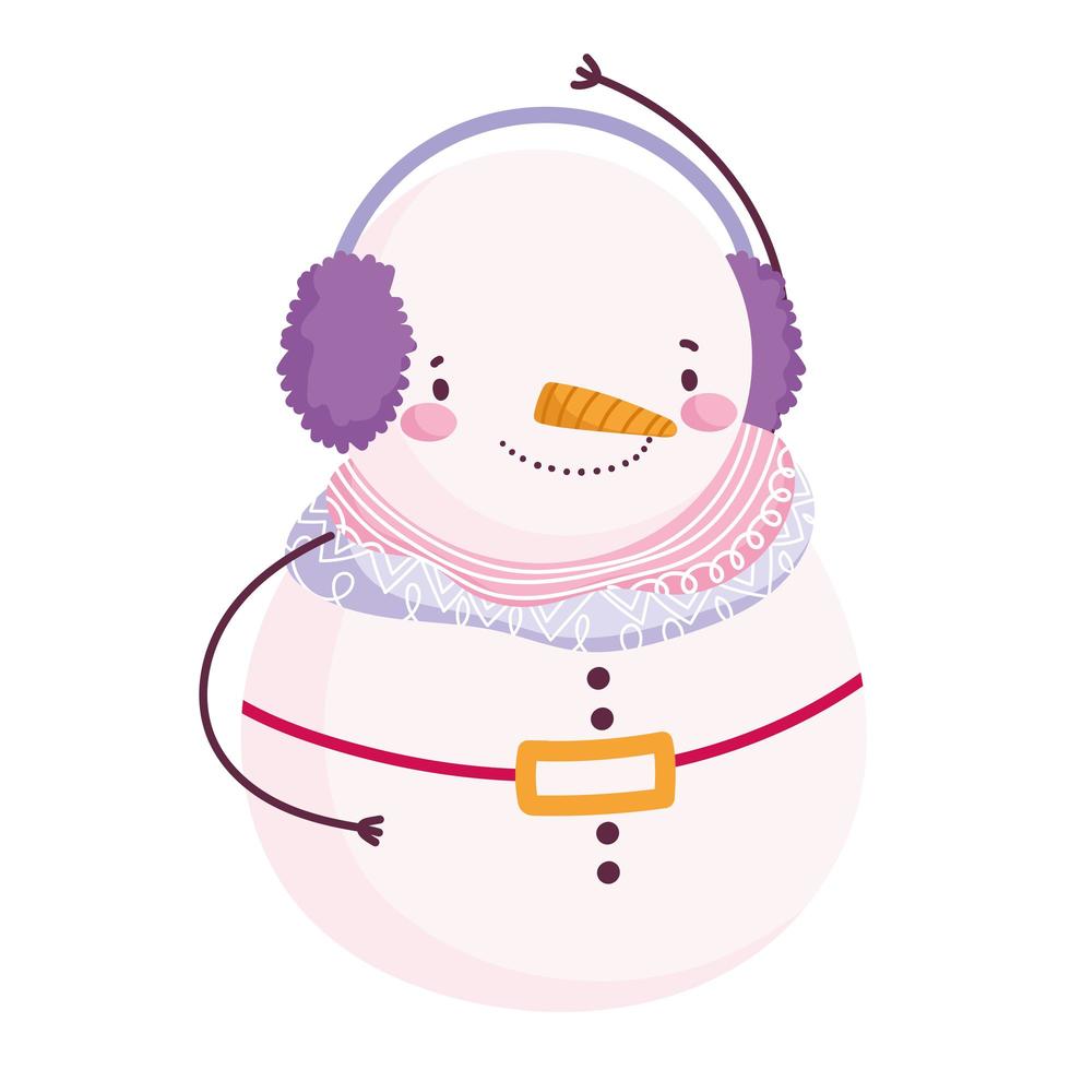 merry christmas, cute snowman with earmuffs cartoon vector