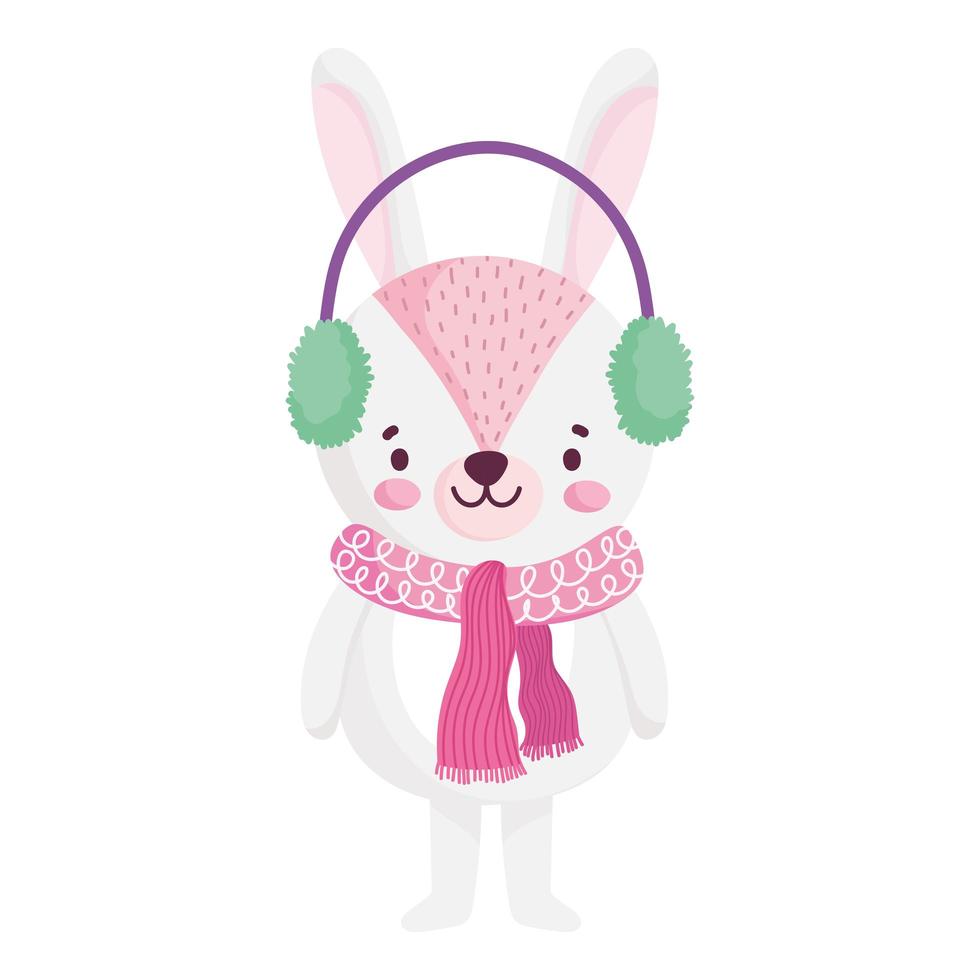 merry christmas, cute rabbit with earmuffs and scarf animal cartoon vector