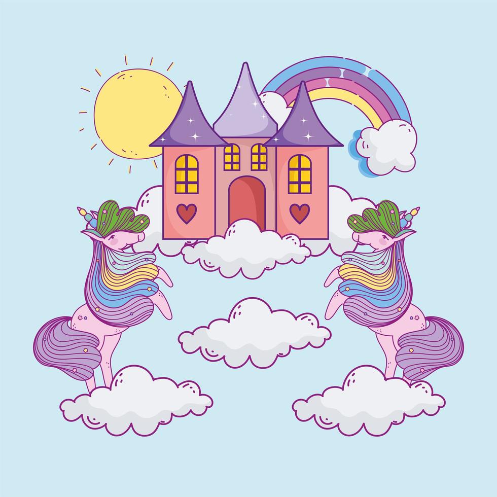 unicorns castle rainbow vector