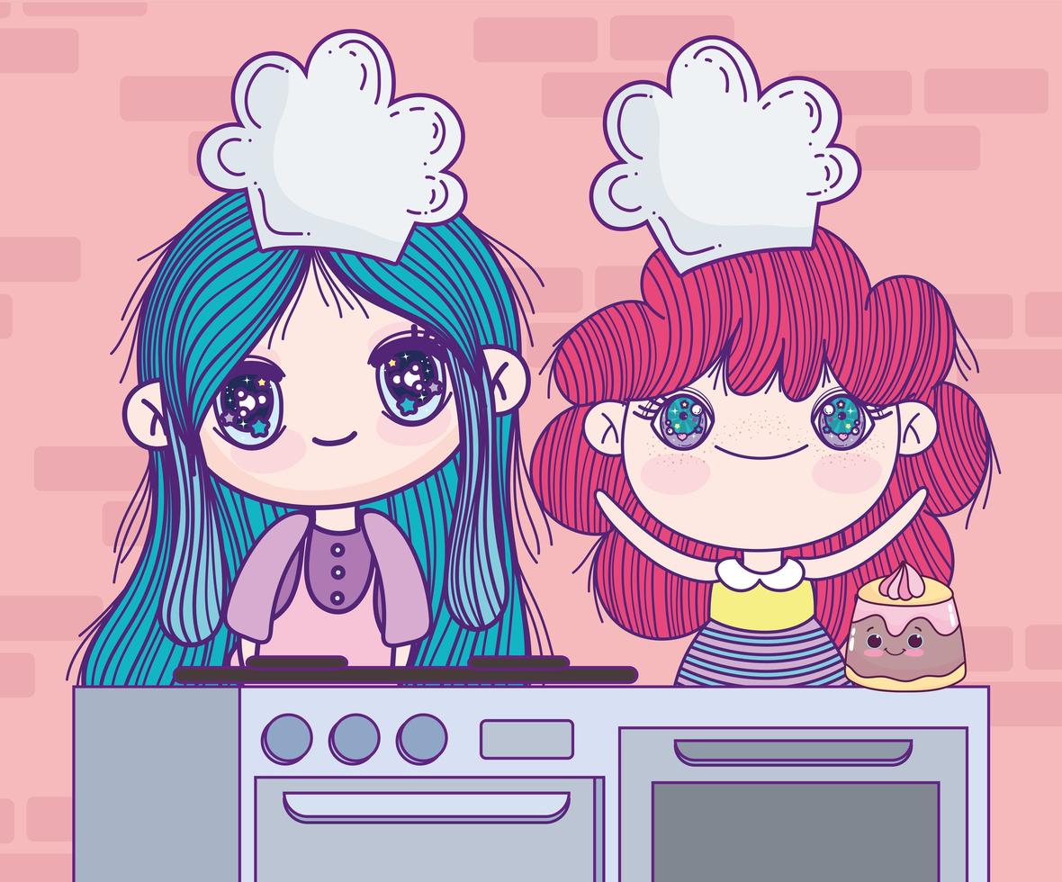 anime gils en la cocina vector