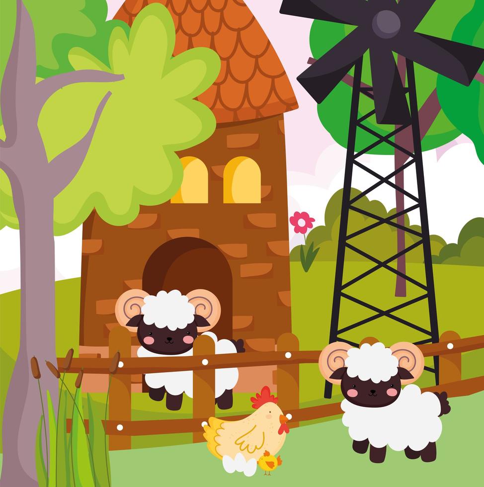 cute farm chicken sheep vector