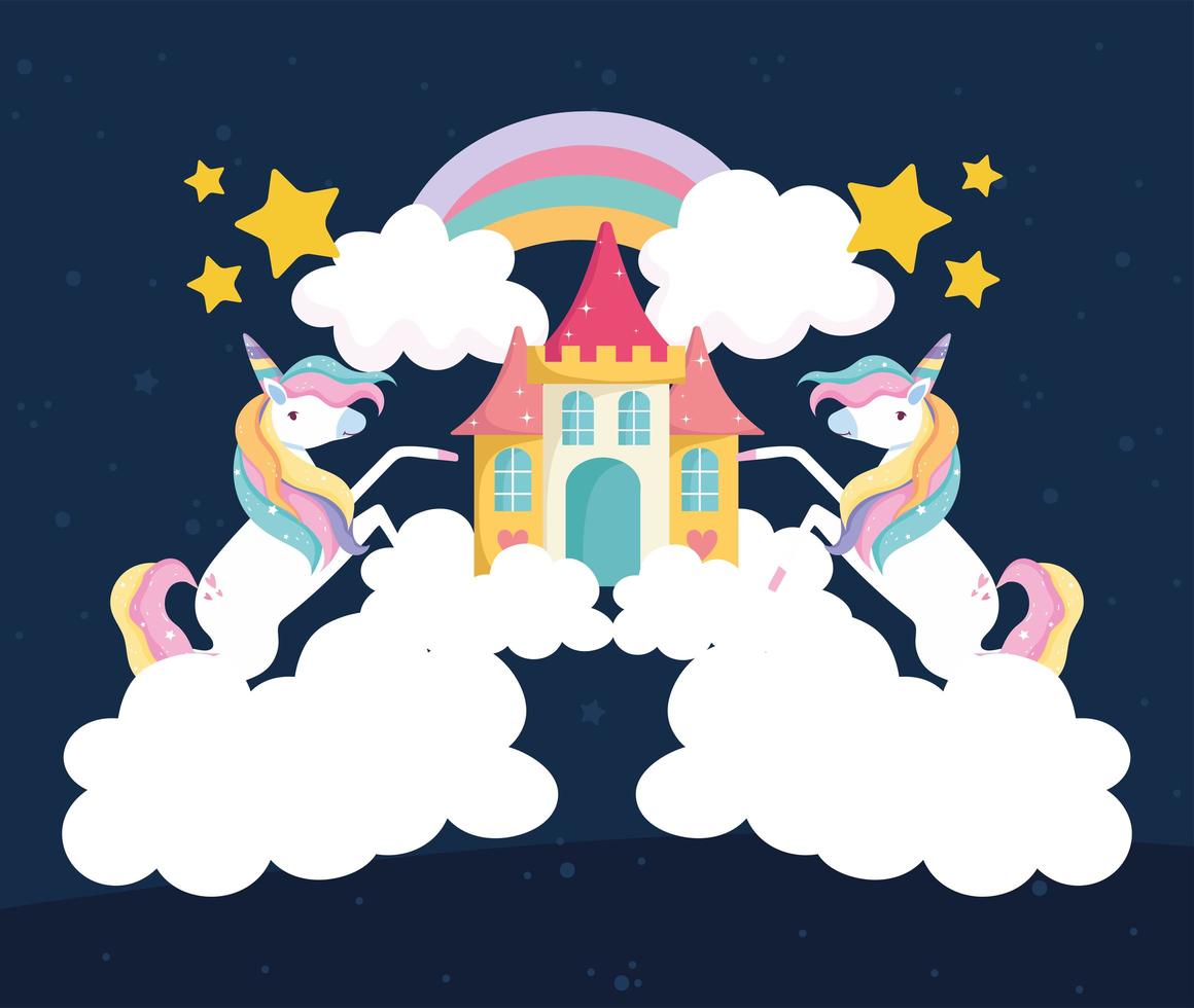 unicornios castillo arcoiris vector