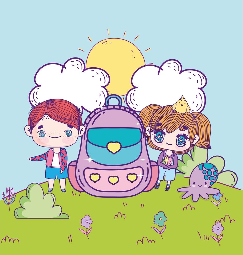 anime kids with backpack vector