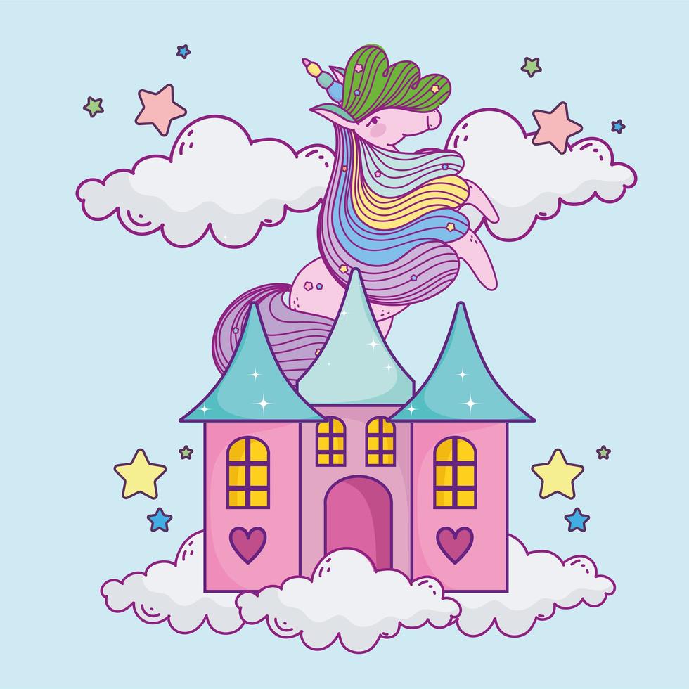 unicornio con lindo castillo vector