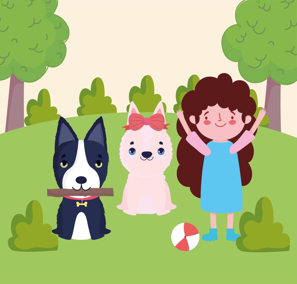 girl playing with her dogs vector