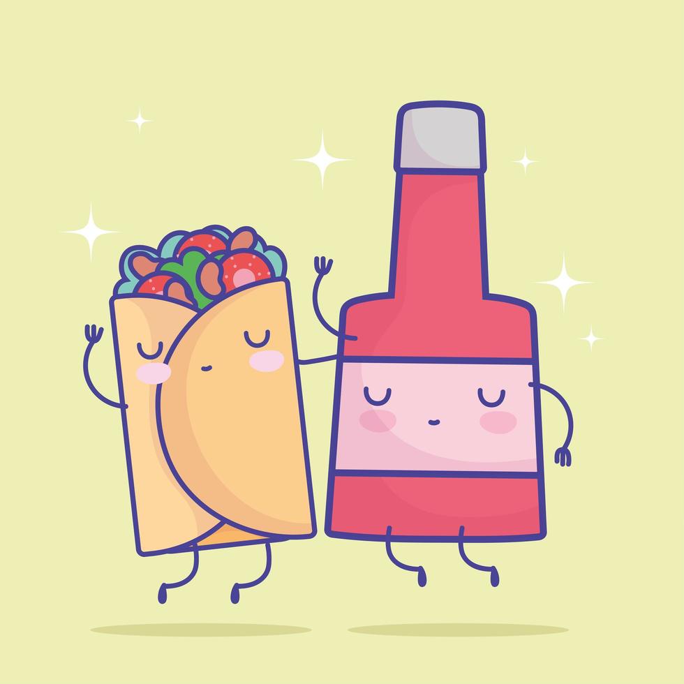 cute burrito and sauce vector