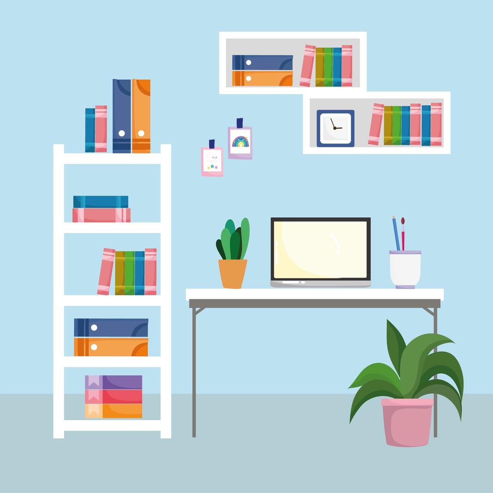 home office interior workspace desktop computer shelf with books and plant vector