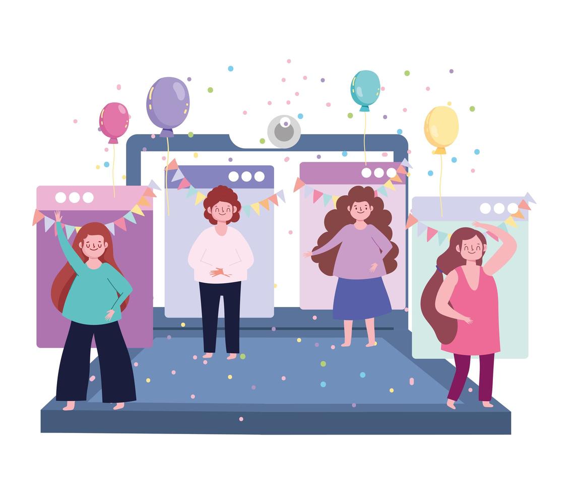 online party, laptop with people celebrating event balloons confetti decoration vector