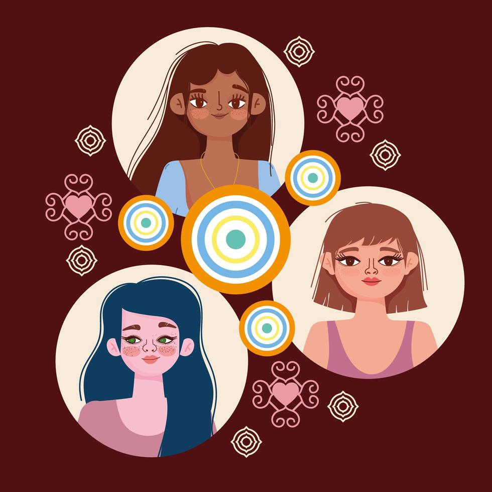 diversity women characters young female round portraits vector