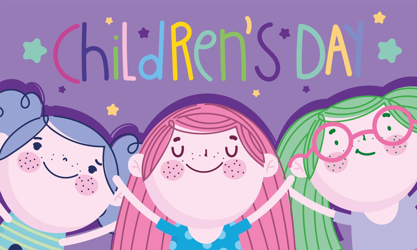 childrens day, cartoon happy little girls characters card vector