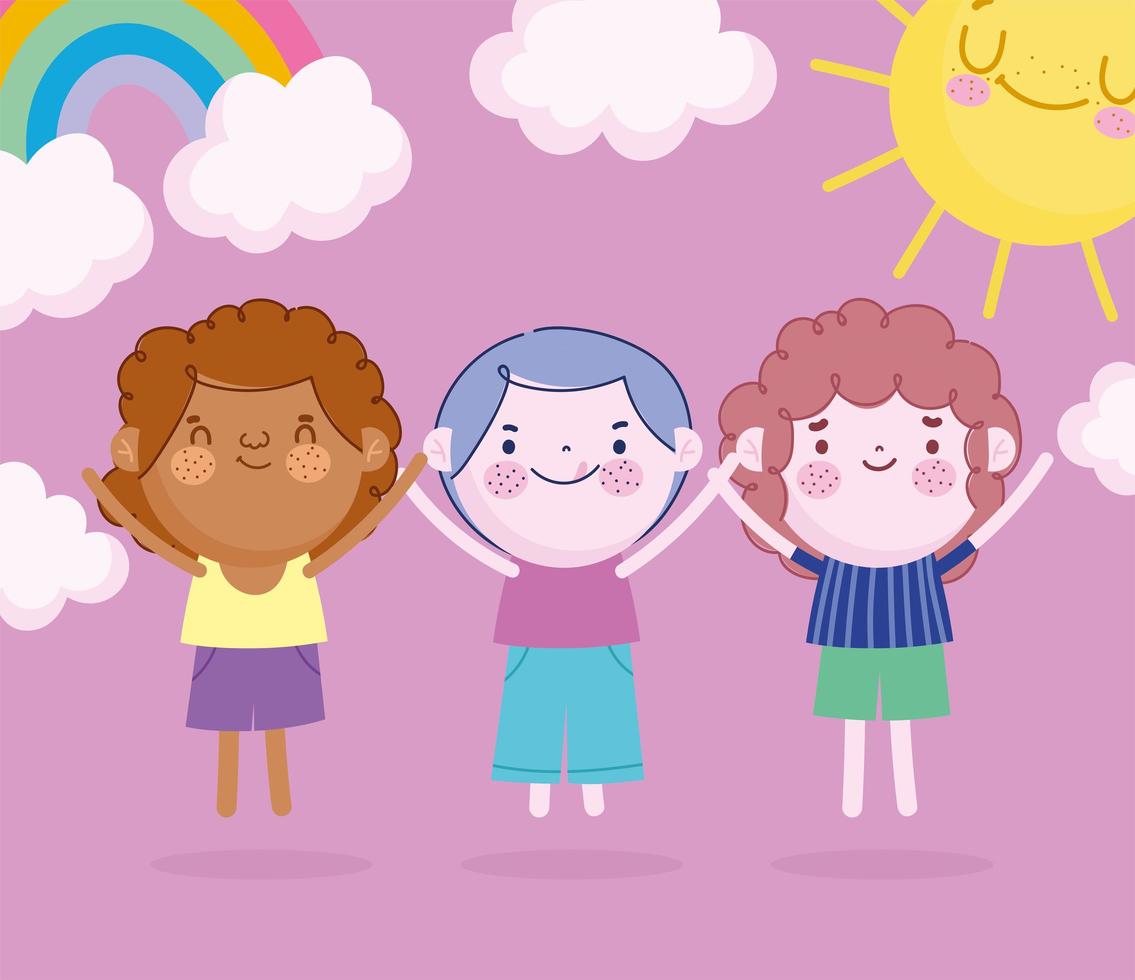 día del niño, dibujos animados de niños pequeños arcoiris y sol vector